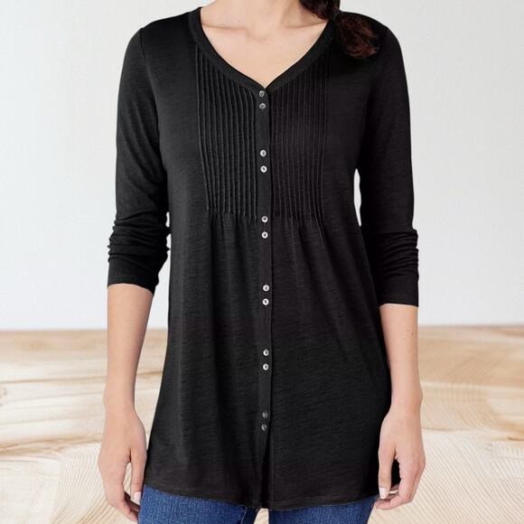 J.Jill Black Pintucked Tunic Sweater Sz M Linen Blend Button Up Slub Knit - Picture 1 of 9
